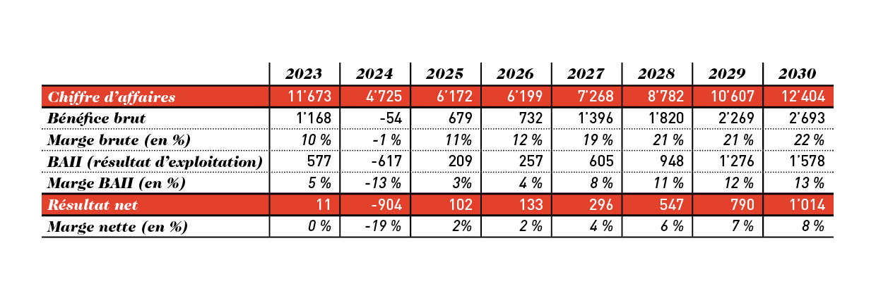 Tableau présentant le chiffre d'affaires et la marge bénéficiaire prévus jusqu'en 2030 - gebana.com
