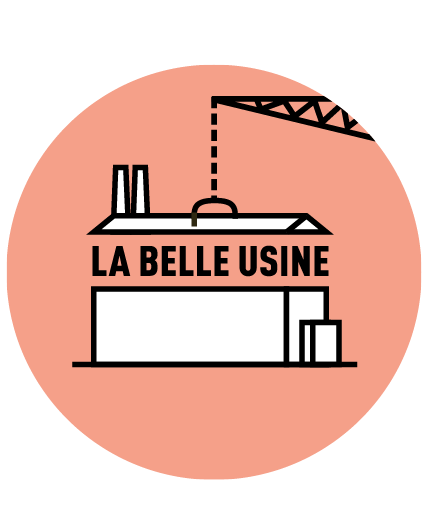 Weisse Illustration einer Fabrik mit dem Titel La Belle Usine
