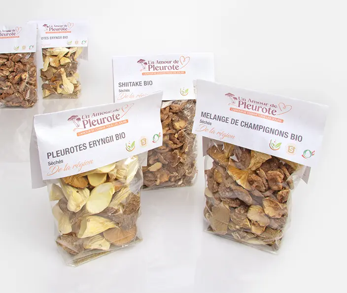Conserves - Champignons séchés - Shiitake - Pleurotes de panicaut - Pleurotes huîtres - gebana