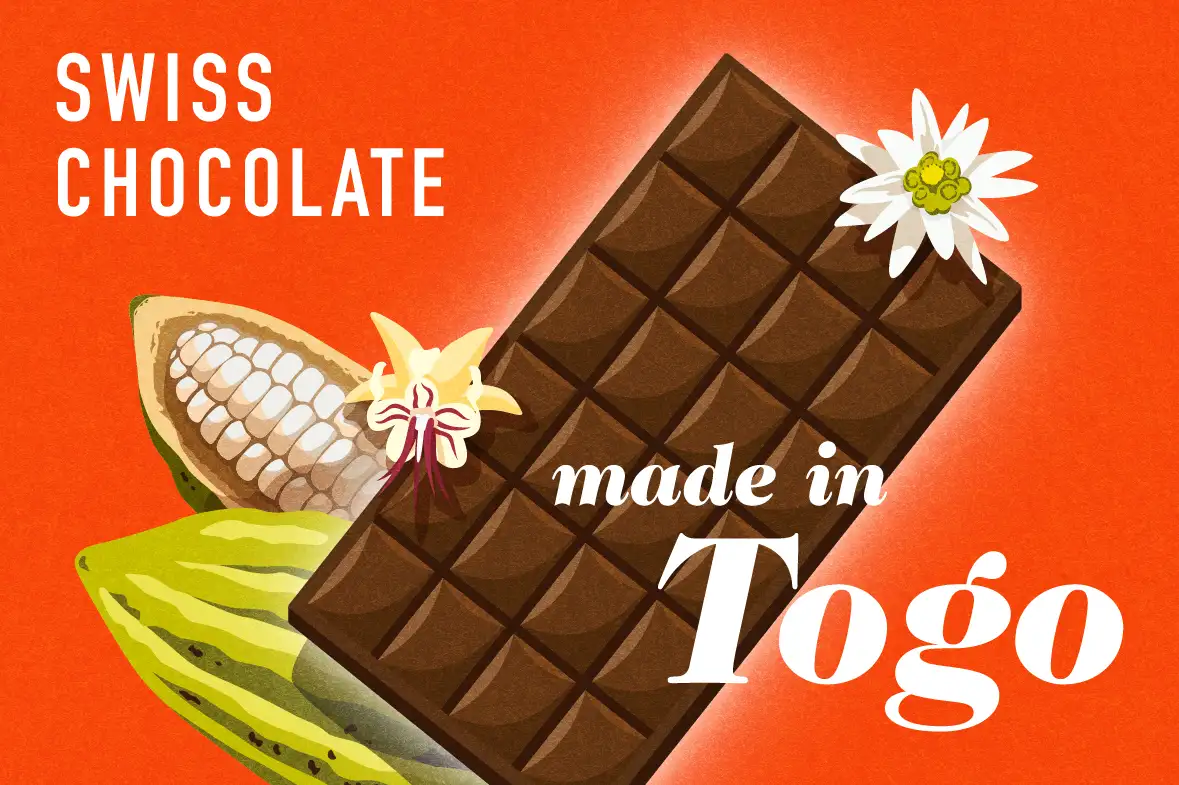 Graphic with slogan 'Swiss chocolate – made in Togo', gebana.com
