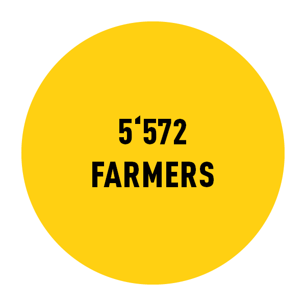 Yellow circle with black text inside reading 5572 farmers