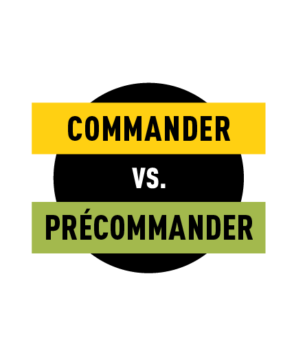 Rectangle jaune avec l'inscription « commander », cercle noir avec l'inscription « vs. », rectangle vert avec l'inscription « précommander » - gebana.com