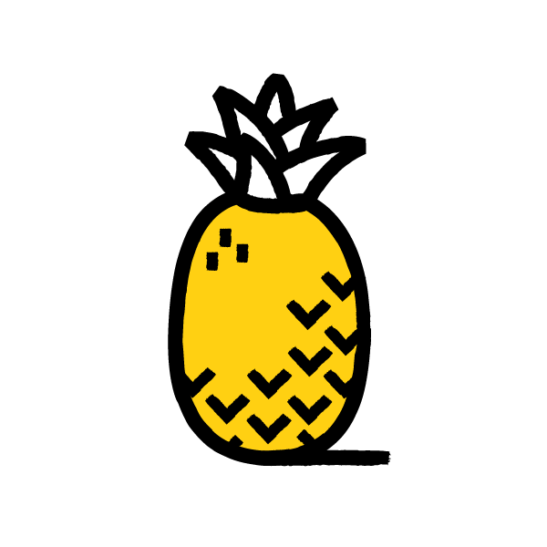 Ananas jaune dessiné dans un style bande dessinée. Renvoie vers une page d'informations sur la saisonnalité - gebana.com
