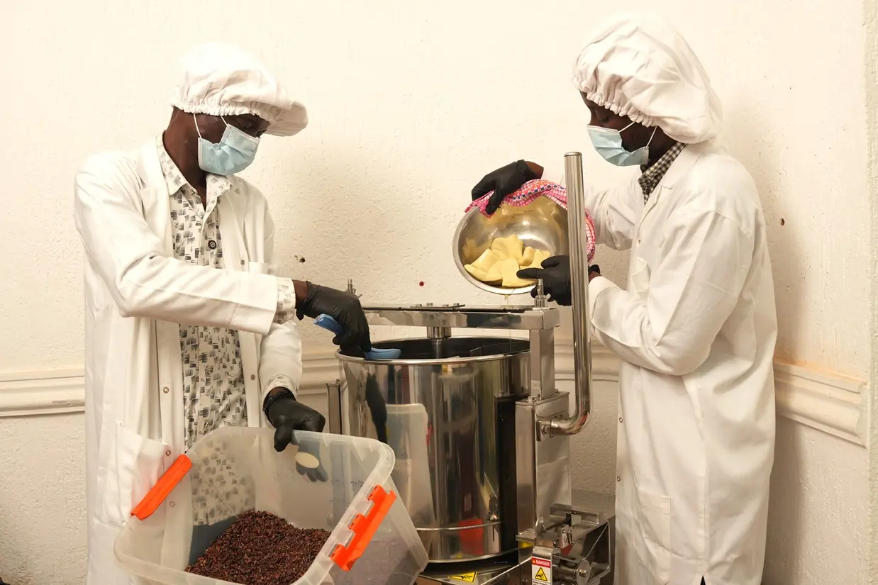 Foto von zwei Menschen die Kakaonibs und Kakabutter in eine Conchiermaschine geben - gebana.com