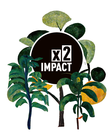 Illustration mit grünen Pflanzen und Bäumen, in der Mitte schwarzer Kreis mit Text "x2 Impact"