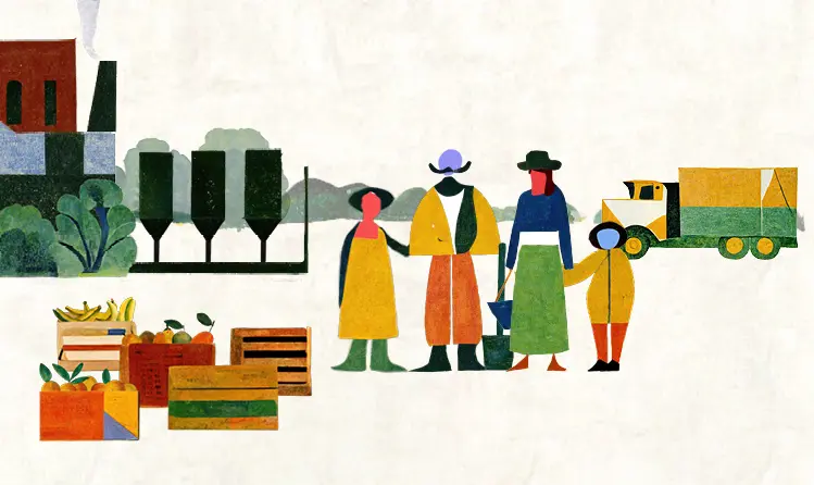 Bunte Illustration einer Bauernfamilie, Kisten mit Gemüse, einer Fabrik und eines LKW - gebana.com