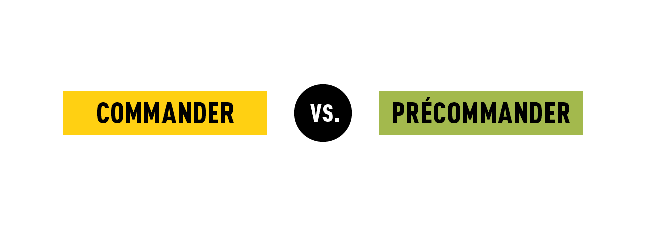 Rectangle jaune avec l'inscription « commander », cercle noir avec l'inscription « vs. », rectangle vert avec l'inscription « précommander » - gebana.com