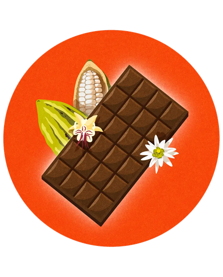 Icon mit grafischer Schokoladetafel auf rotem Hintergrund, gebana.com