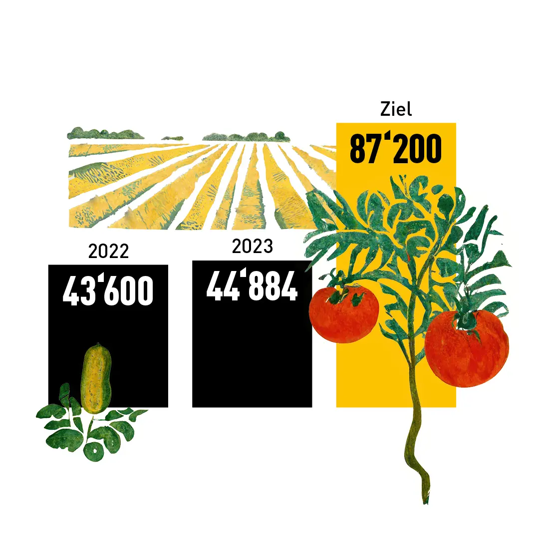 Balkendiagramm zur Entwicklung der Bio-Anbaufläche: 2022 = 46'600 ha, 2023 = 44'884 ha, Ziel = 87'200 ha