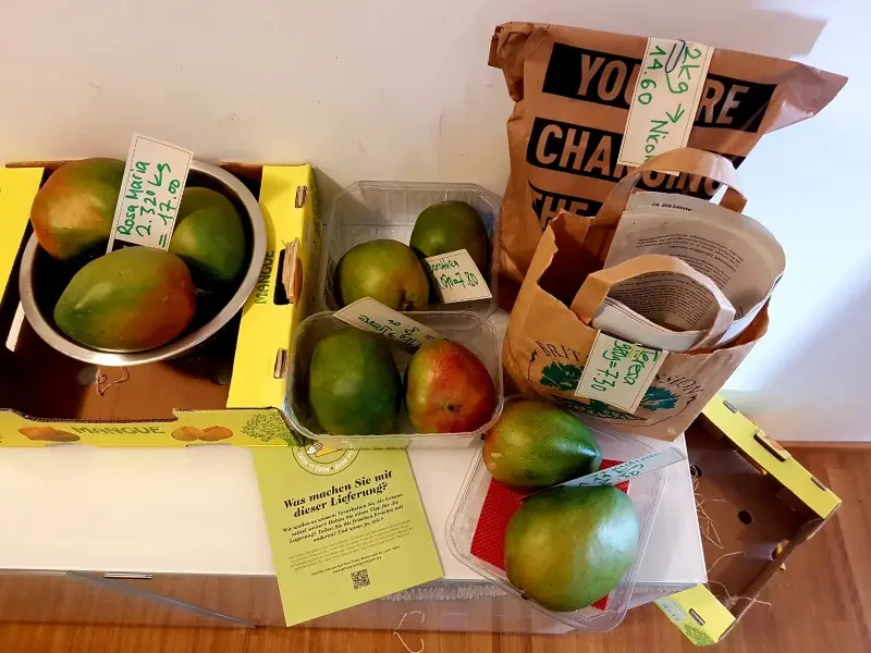 Photo of fresh mangoes filled in various bags, boxes and plastic trays, gebana.com