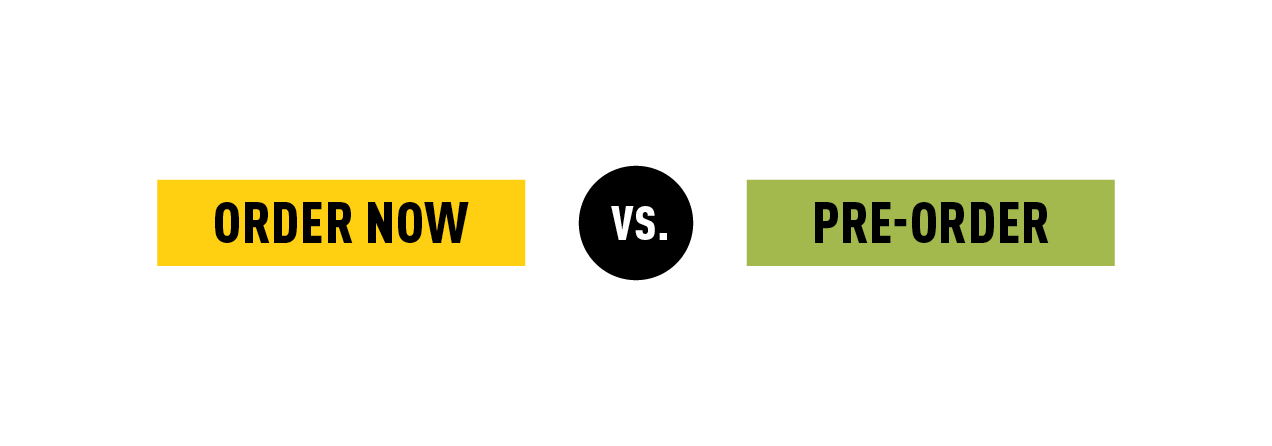 Yellow rectangle with the inscription ‘order’ now, black circle with the inscription ‘vs.’, green rectangle with the inscription ‘pre-order’ - gebana.com