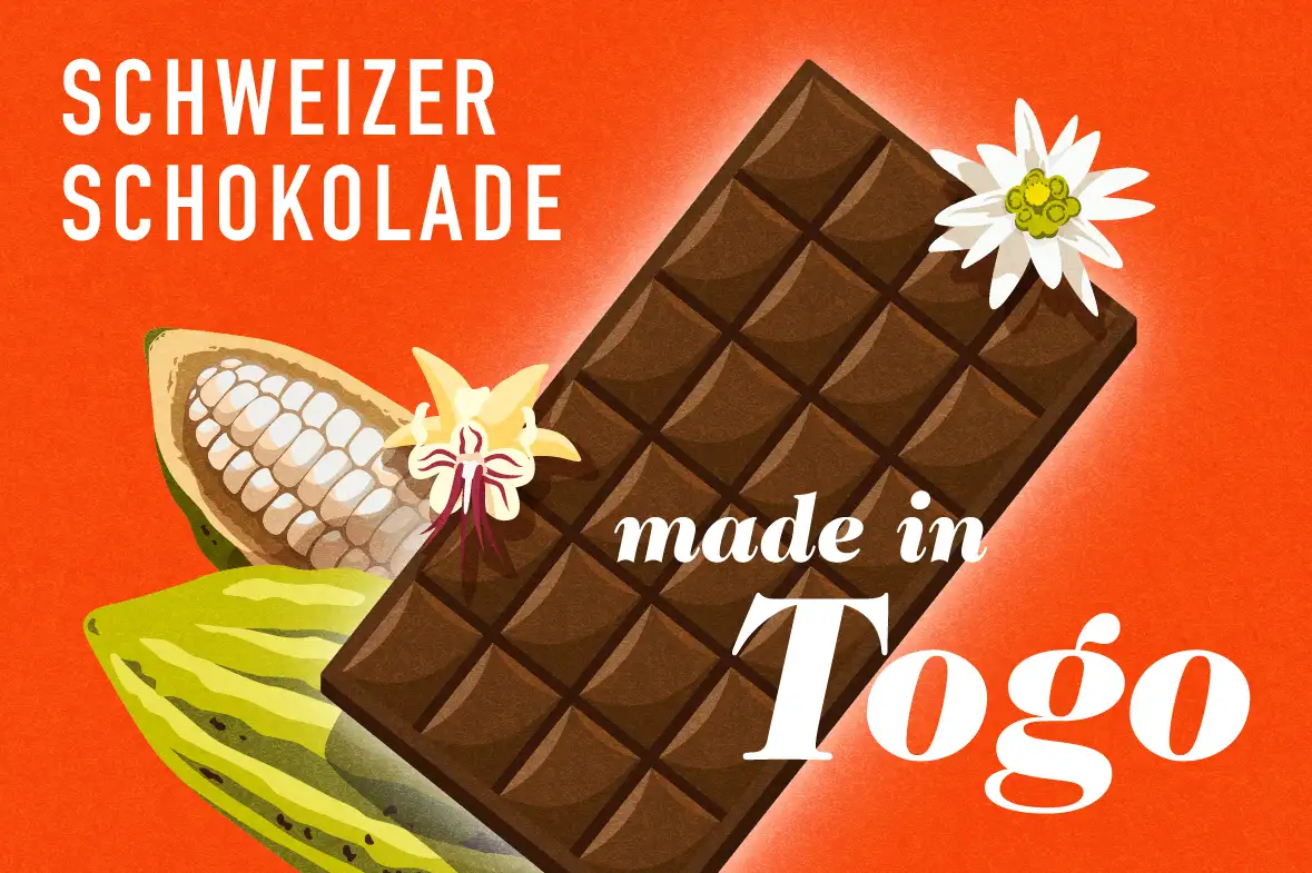Grafik mit Slogan 'Schweizer Schokolade - made in Togo', gebana.com