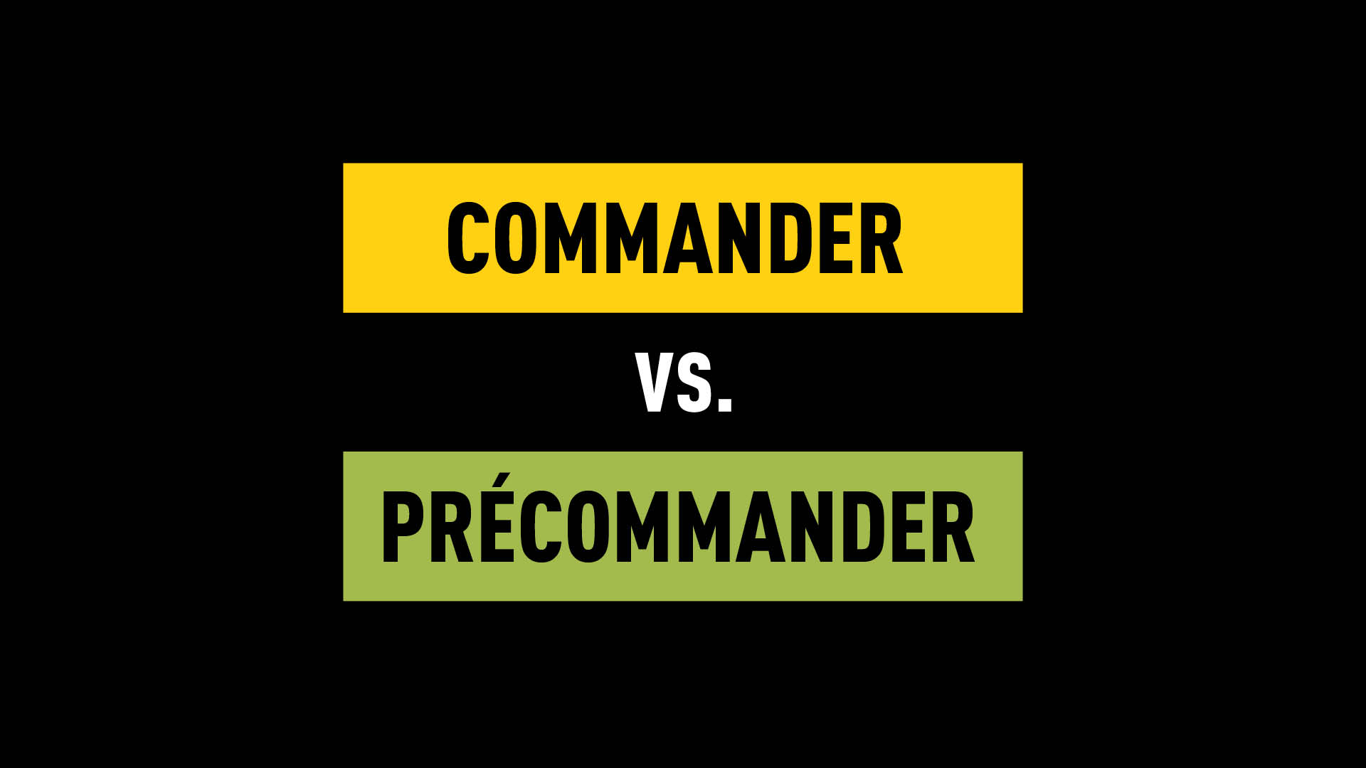 Rectangle jaune avec l'inscription « commander », rectangle noir avec l'inscription « vs. », rectangle vert avec l'inscription « précommander » - gebana.com