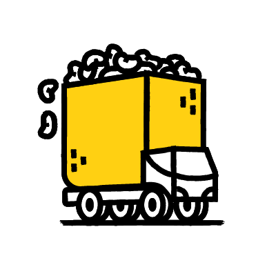 Camion dessiné dans un style bande dessinée avec un conteneur jaune. Renvoie vers une page d'informations sur les emballages en gros - gebana.com