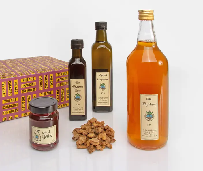 Coffret cadeau Suisse centrale - Miel au piment - Vinaigres - Huile de colza - Noix - gebana