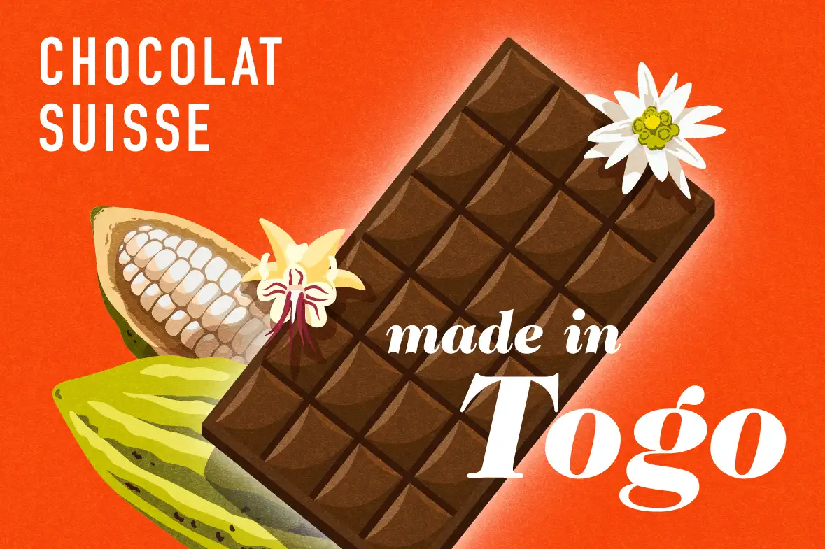 Graphique avec le slogan « Chocolat suisse – fabriqué au Togo », gebana.com