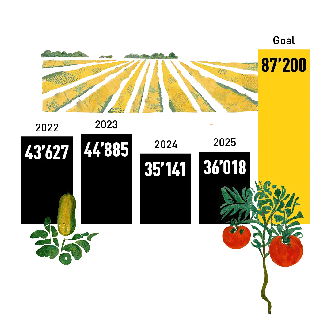 Development of organic acreage: 2022 = 43'627 ha, 2023 = 44'885 ha, 2024 = 35'141 ha, 2025 = 36'018 ha, target = 87,200 ha - gebana.com