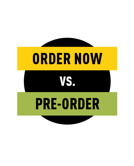 Yellow rectangle with the inscription ‘order now’, black circle with the inscription ‘vs.’, green rectangle with the inscription ‘pre-order’ - gebana.com