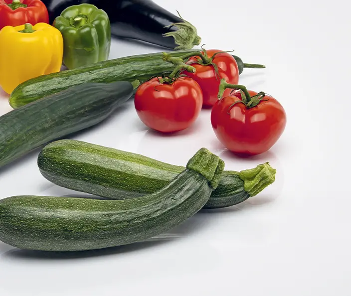 Gemüse - Sommergemüse Zucchini, Peperoni, Auberginen, Gurken und Tomaten - gebana