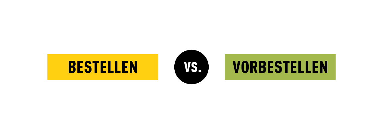 Gelbes Rechteck mit der Aufschrift "bestellen", schwarzer Kreis mit der Aufschrift "vs.", grünes Rechteck mit der Aufschrift "vorbestellen" - gebana.com