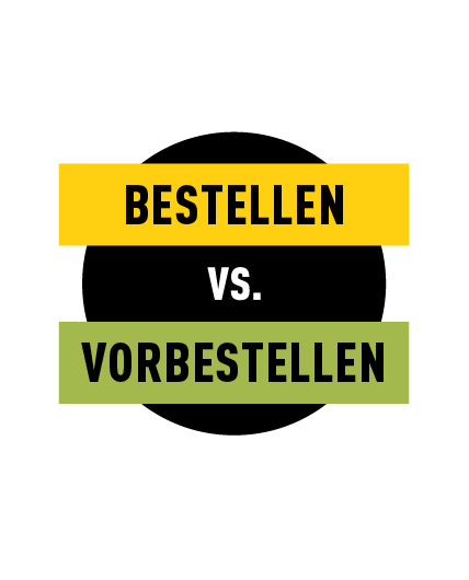 Gelbes Rechteck mit der Aufschrift "bestellen", schwarzer Kreis mit der Aufschrift "vs.", grünes Rechteck mit der Aufschrift "vorbestellen" - gebana.com