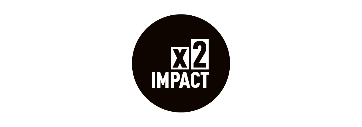 Schwarzer Kreis mit weisser Schrift: Impact x2