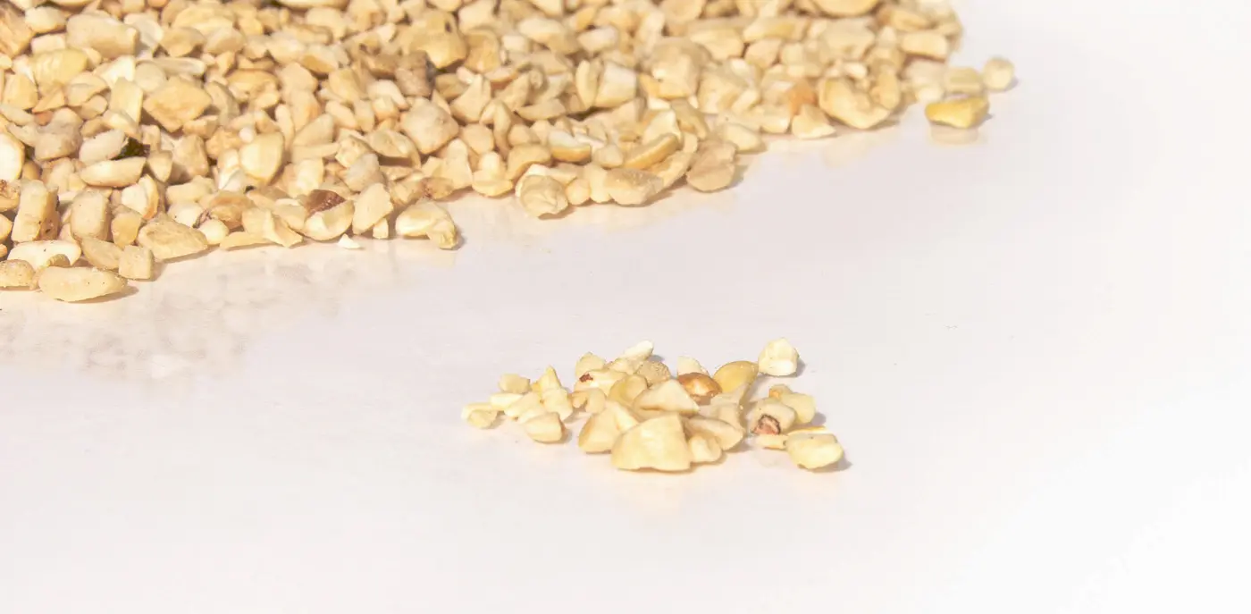 A pile of dried cashew pieces on a white background